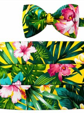 Yellow and Green Hawaiian Floral Cummerbund and Bow Tie